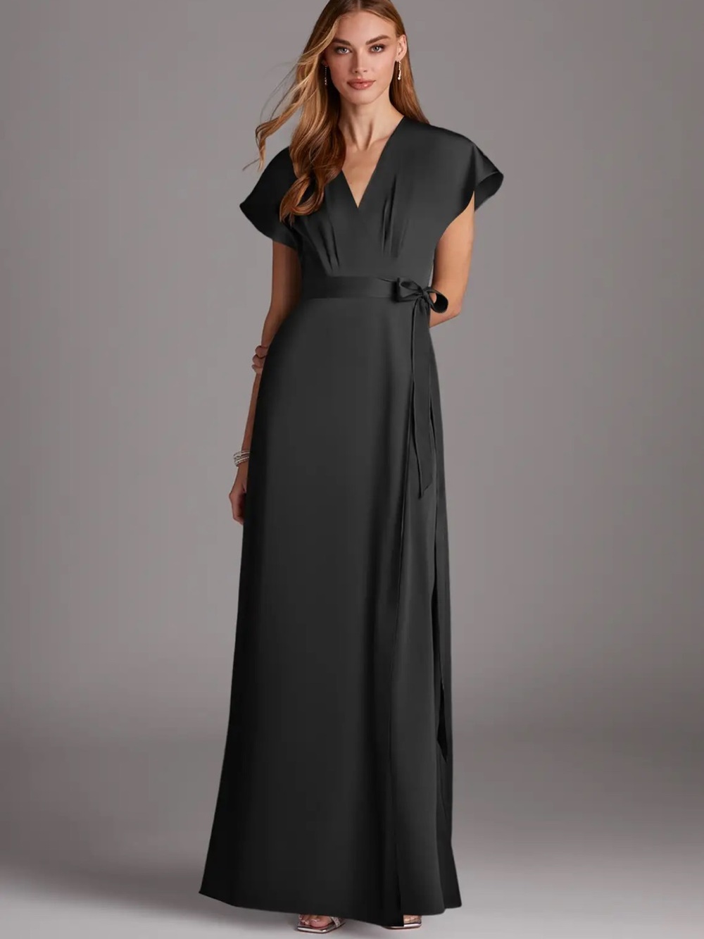 Azazie Nico Stretch Satin Black Tie V-Neck Wrap Maxi Bridesmaid Dress